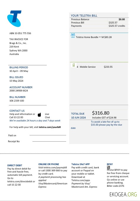 Modèle de facture de services publics pour les entreprises de télécommunications Australie Telstra au format Word et PDF
